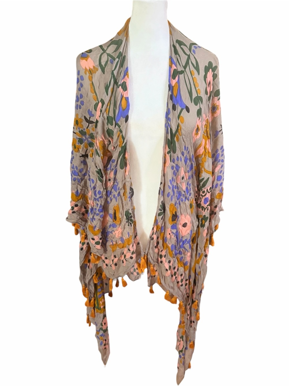 NATURAL LIFE Taupe Floral Open-Front Shawl with Orange Tassels